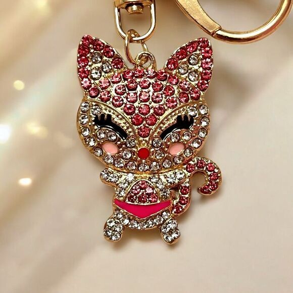 ⭐️3/$25⭐️ Pink Rhinestone Cat Gold Tone Key Chain Bag Charm NWT - Picture 2 of 2